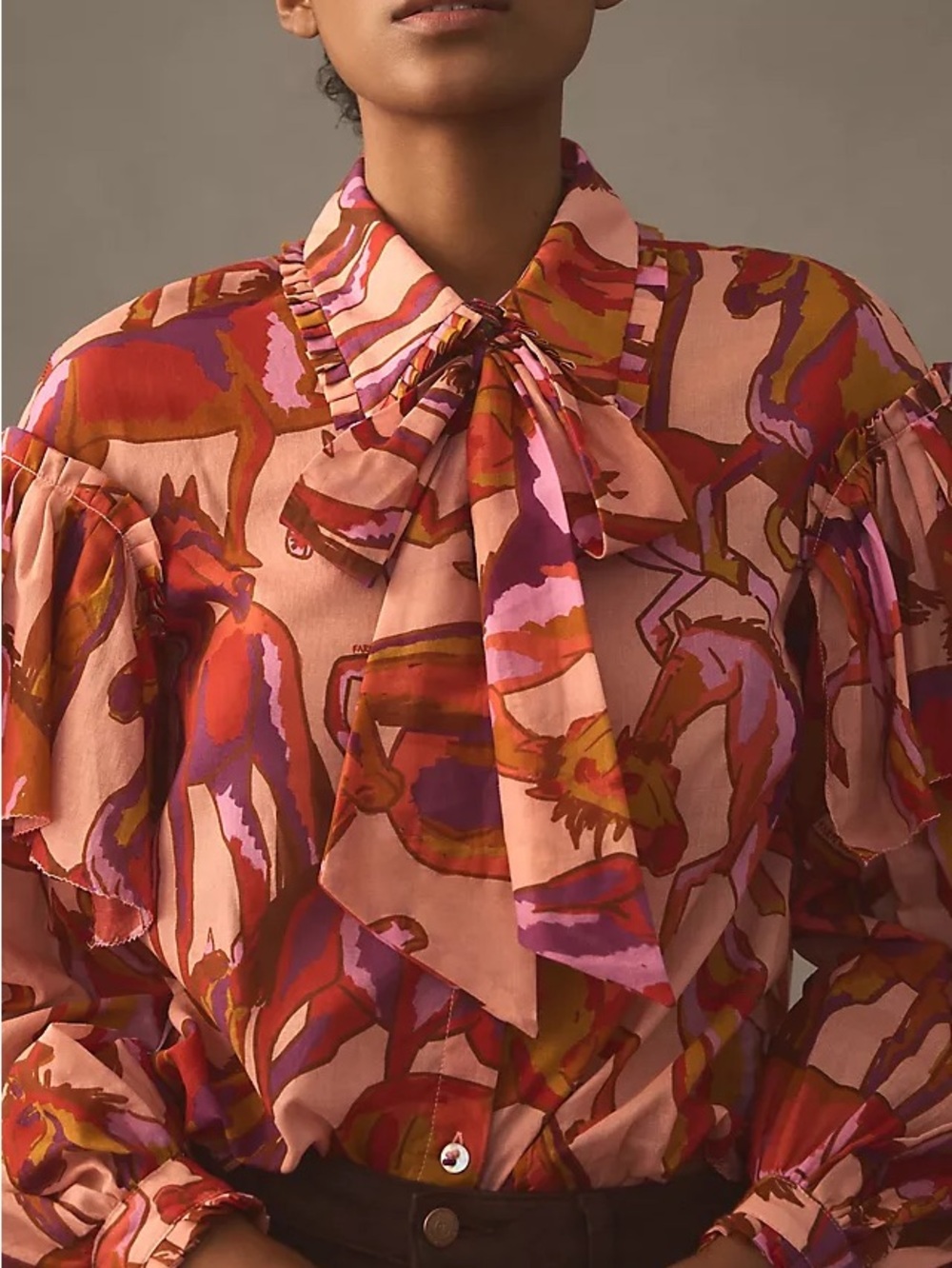 FARM Rio Pink Multi Horse-Print Ruffled Tie-Neck Blouse - Picture 4 of 4